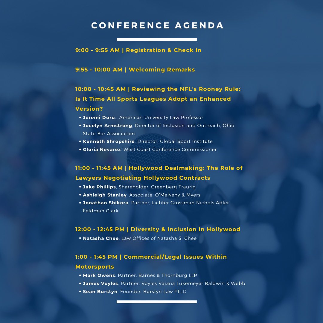 BJESL's tweet photo. The conference is just days away! Check out the awesome titles we have lined up for y’all! 
 
Register for FREE: https://t.co/Y7Aw1fD9TK 

#sportslaw #entertainmentlaw #warhol #supremecourt #nfl #rooneyrule #hollywood  #diversity #motorsport #productplacement #transathlete https://t.co/kn0k6JqPwu