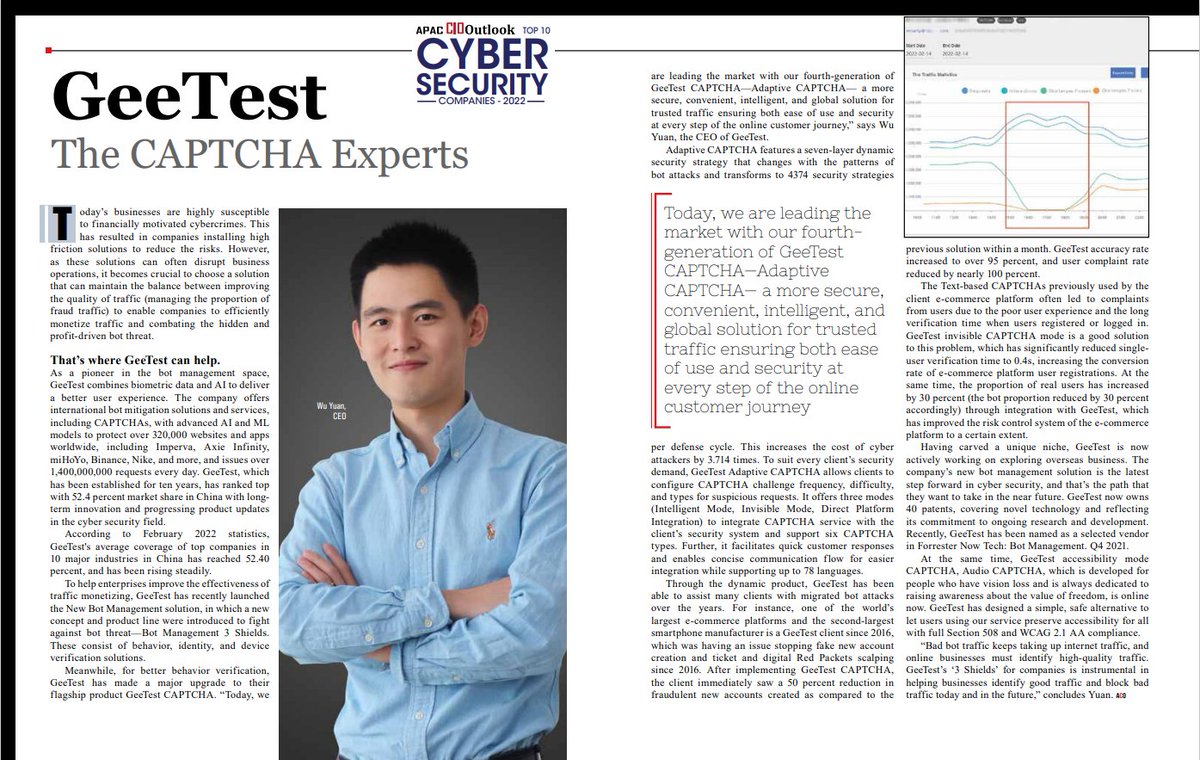 GeetestOfficial's tweet photo. We are thrilled to be recognized by @APACCIOoutlook as the Top cyber security companies.🏅We are grateful to our customers and investors who have been our solid support motivation to keep innovating. 🫡 https://t.co/SWh52sZ6JV https://t.co/0QSTghz9nq
