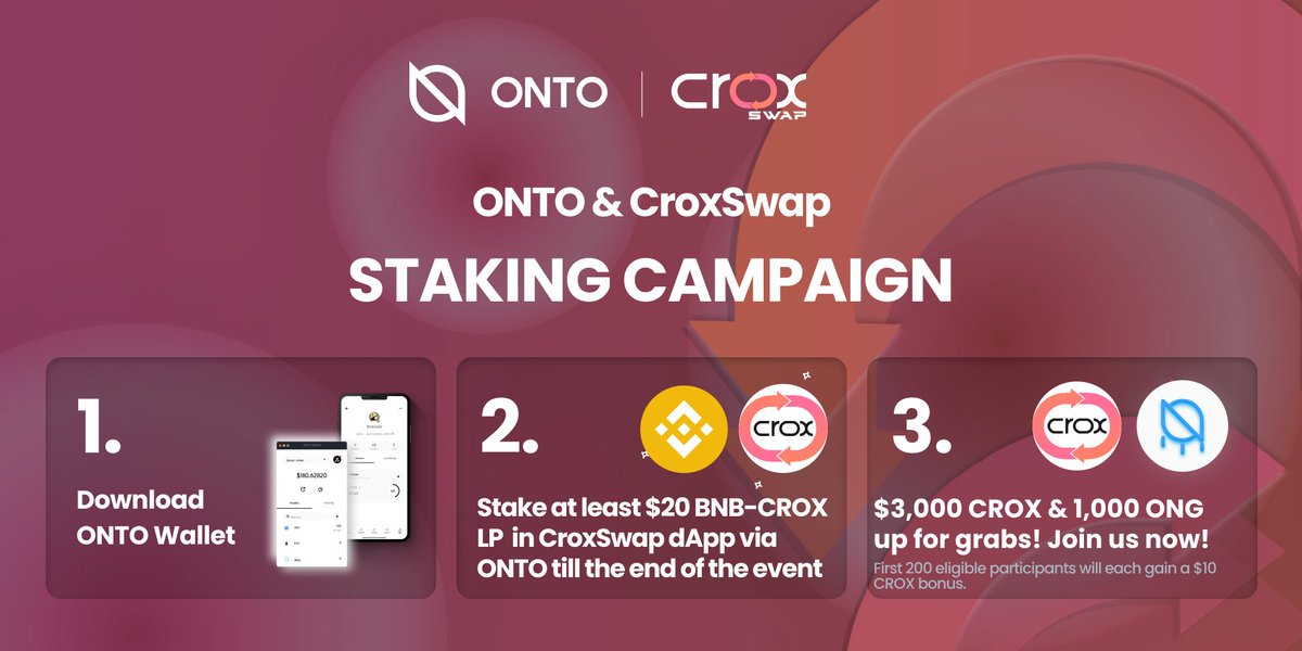 ONTOWallet's tweet photo. Get geared up for our #staking campaign w/ @croxswap, a #multichain next-gen yield farming protocol! 🔥
🤑 Simply stake in the #CroxSwap #dApp via #ONTO to share a prize pool of $3,000 $CROX + 1,000 $ONG!
Check the rules 👇 https://t.co/9A2KZIbxzf