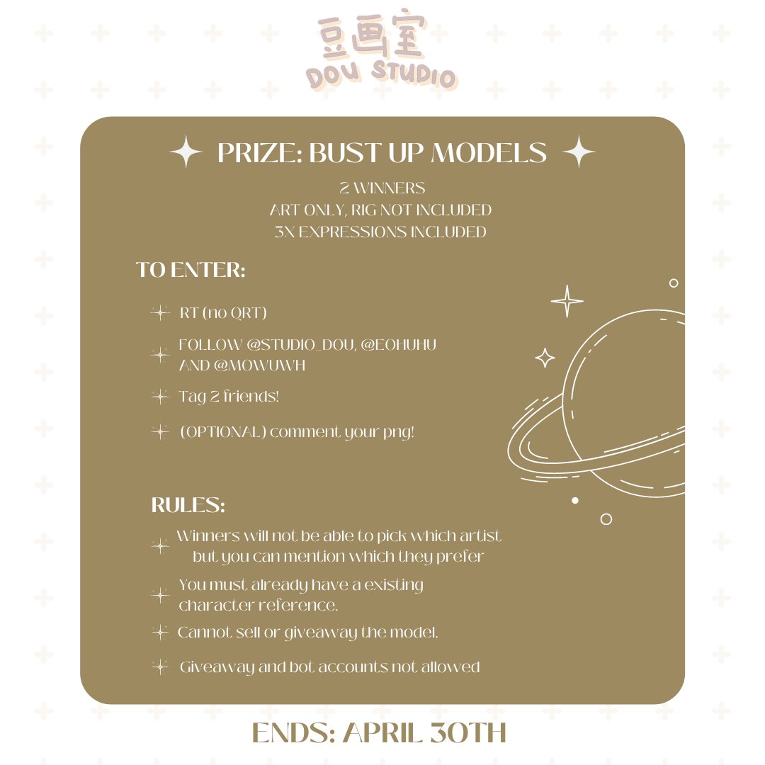 studio_dou's tweet photo. ✨LIVE2D GIVEAWAY✨
2 winners will have the chance to win a bust up model!
Includes model art only and 3x expressions!

TO ENTER:
- Like &amp; RT (No QRT)
- Follow @studio_dou, @eohuhu and @mowuwh 
- Tag 2 friends!
- (OPTIONAL) Comment your png!

Ends on April 30th 🗓️
#Live2D #Vtuber https://t.co/dyrhoLCFJP
