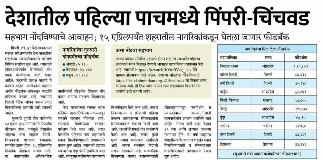 maheshklandge's tweet photo. तुमचे एक मत, शहराला सर्वोच्च स्थानी नेण्यास मदत करेल. स्वच्छ सर्वेक्षण 2022 मध्ये सहभागी व्हा! खालील लिंकवर जाऊन मत (feedback) द्यावे

👉 https://t.co/z7dwVAlQlZ

#swachhsurvekshan2022 #swachhsurvekshanPCMC #PimpriChinchwad #PCMC #PCMCFirst #PCMCSmartCity https://t.co/G6WPLD0lb7