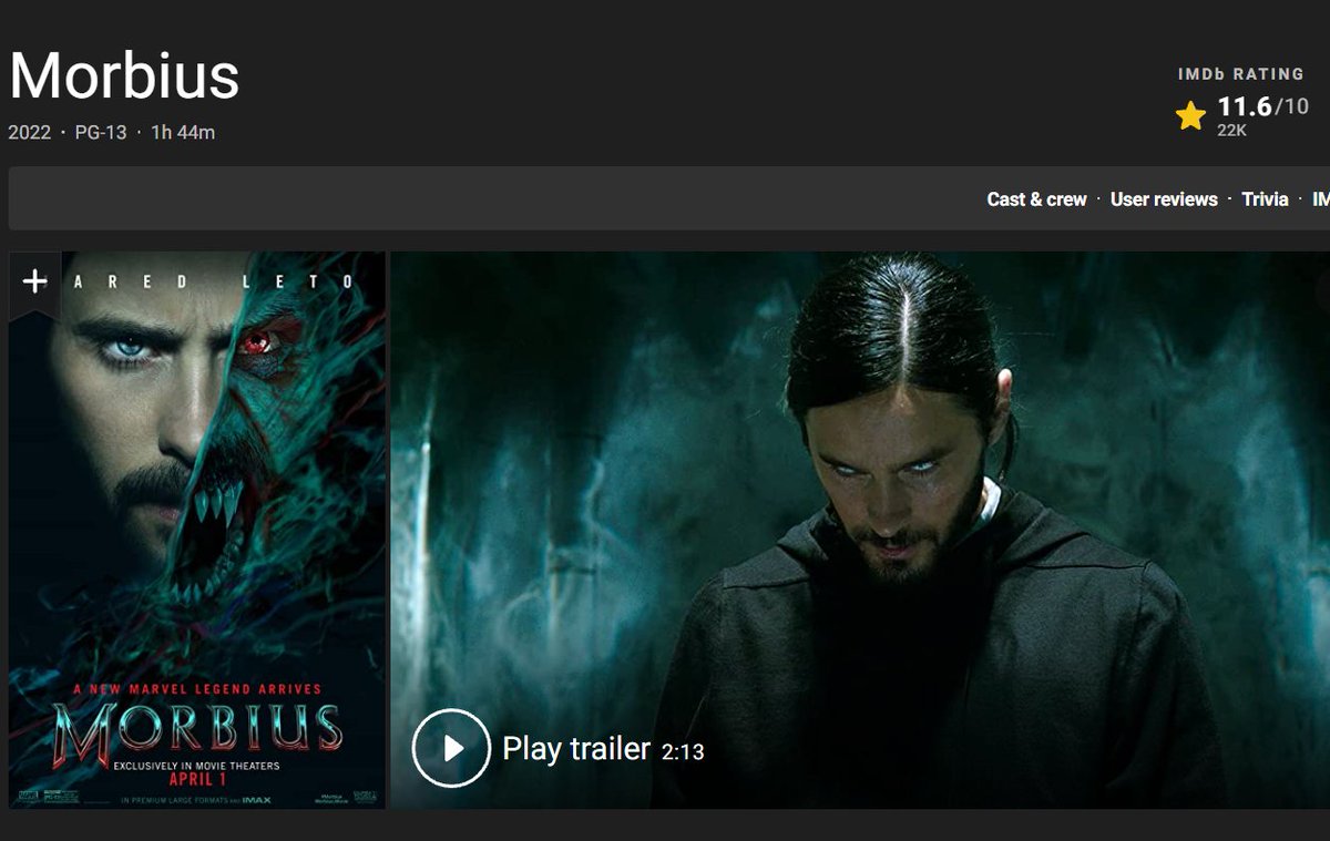 ironicallyme's tweet photo. Morbius is officially the first movie to receive 11 stars on IMDb #MorbiusSweep https://t.co/TnFjmNyZI8