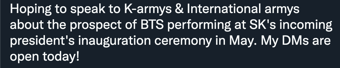 If you see a journalist 'wanting to talk to ARMY about BTS [doing something tangentially politically related]'? Run - don't walk - away. Then warn your friends & block the journalist. This is a set-up. Let BTS & HYBE navigate this. Don't interject as a fan.