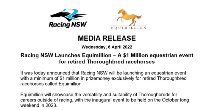 Racing NSW has today launched Equimillion – a $1m Equestrian event for retired Thoroughbred racehorses. Read more: bit.ly/35IA9bK