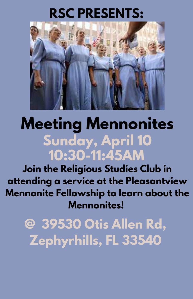 Good evening to all RSC members! We hereby present "Meeting Mennonites" happening this Sunday at 10:30AM! Rides will be offered to and from the event for those who need them, contact us for inquiries. Please register for the event on BullsConnect, and we hope to see you there!