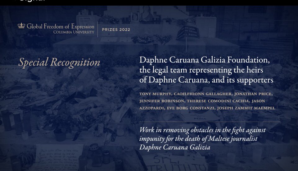 Honoured to receive a Special Recognition Global Freedom of Expression Prizes 2022 @Columbia Challenge to ensure free expression esp press freedom in 🇲🇹 is not over.Committed to continue pushing towards reaching international standards.Nothing less will do!youtu.be/7F_Gi3QHY7w?t=…