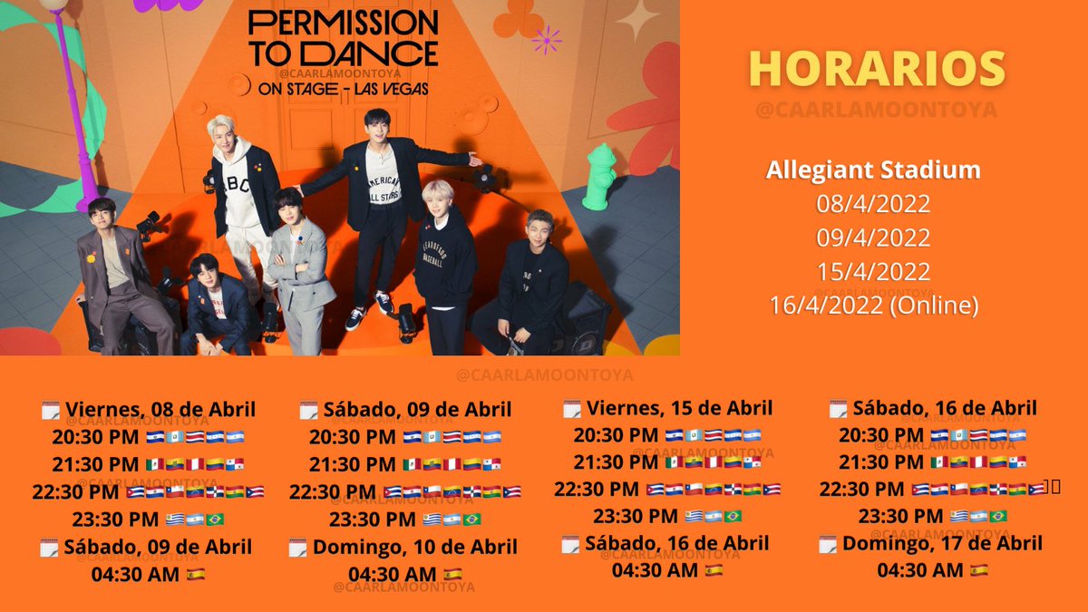 btsaresevennn's tweet photo. — [🗓🖇] #PTD_ON_STAGE_LV #BTS 

Abajo tienen el horario de los 4 conciertos. Como siempre estaré compartiendo l!nks así que no se preocupen. Cada que se caiga uno compartiré otro. Como saben, si damos 🖇 debemos ponernos la cuenta privada🔒 por protección, disfrutemos @BTS_twt💜 https://t.co/hA3X1V9pZm