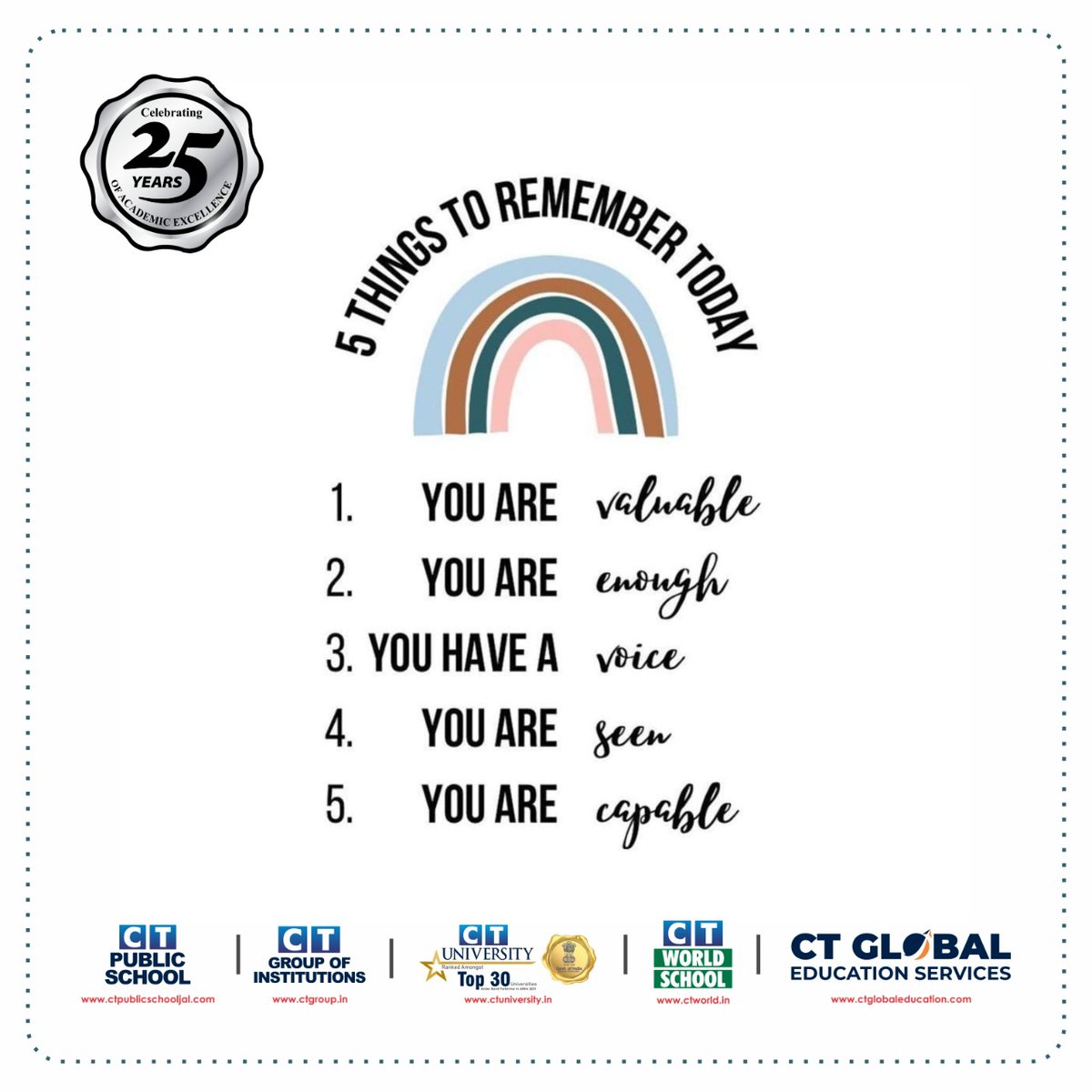 ctworldschool's tweet photo. #wednesdaymotivation
The five things to remember daily are: you are valuable, enough, seen, capable, and with a strong voice. #CTG #CTU #value #beenough #becapable https://t.co/4QVdwpWxpH