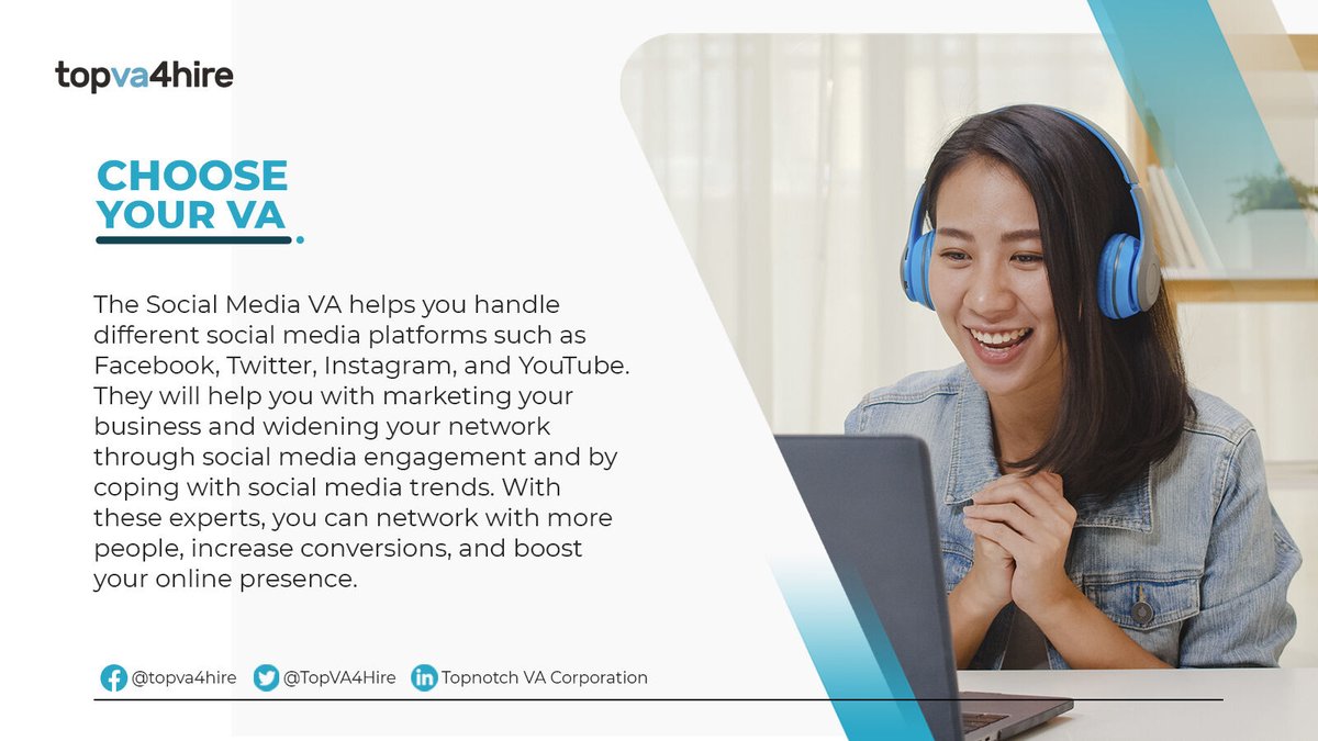 #ChooseYourVA: A social media VA can help with boosting your online presence to get leads and raise brand awareness. Hire one now and save time dealing with your social media concerns!

To book a free consultation, just visit our website: bit.ly/36Yo0Qf