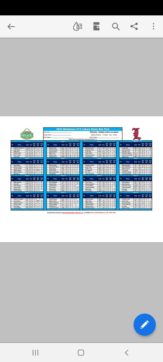 gpauls18's tweet photo. The Maistone U13 Lakers are hosting one of the Provincial Tournaments for this age. 2022 MLB HR Draft fundraiser. Message me for the entry form. April 18 Deadline

@BaseballSask @NSRBL1 @StHillLakers https://t.co/CJm2vQLye5