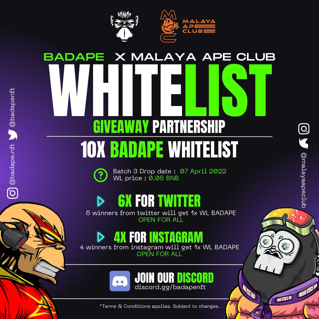 malayaapeclub's tweet photo. BULLISH! We’re excited to announce 10X Whitelist Giveaway for BadApe!
Just follow this simple step:

1. Follow @malayaapeclub &amp; @badapenft
2. Like &amp; Retweet this post
3. Tag 5 friends
4. Join them discord : https://t.co/wsY0HhIYpv

End in 12 hours! LFG &amp; G-Luck! 🍌

#NFT #NFTs https://t.co/9JRmpgffiE
