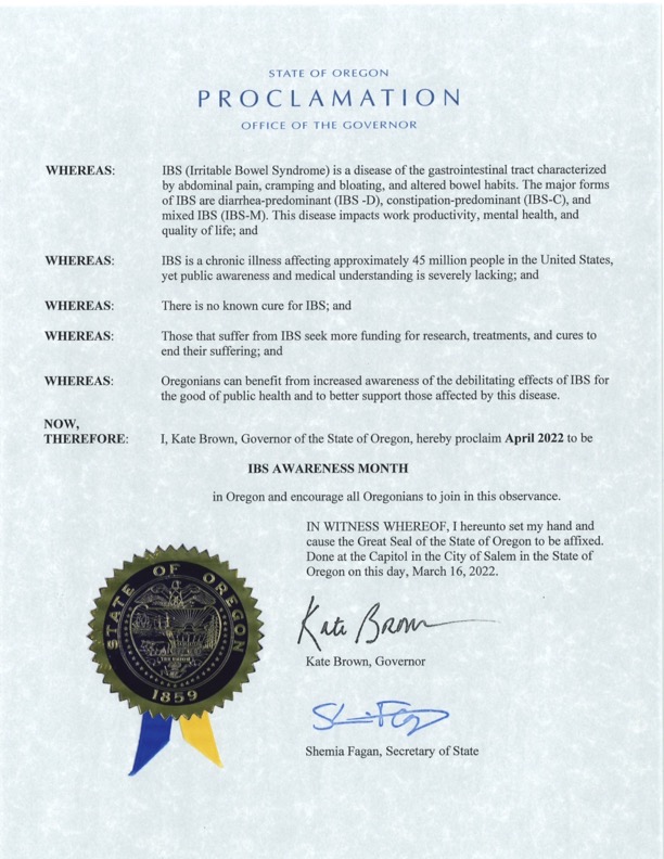 lifeaftersibo's tweet photo. Its #IBSAwarenessMonth in Oregon &amp; across the country. Thank you to the Honorable Kate Brown @OregonGovBrown. Big Thanks to Niki Strealy @DiarreheaRD for helping me with this initiative.
#IBSAwarnessMonthProclamation #IBSAwarness #SIBO #Microbiome #NameIBS https://t.co/8XoyJTNlEw