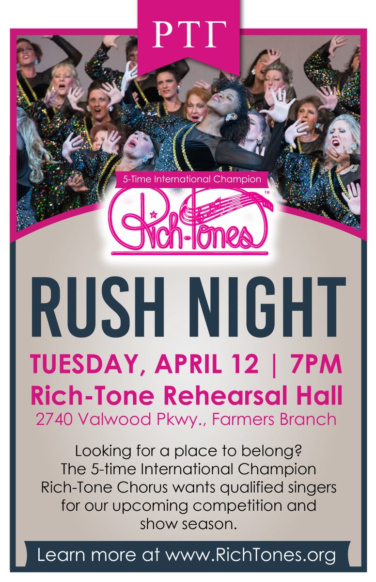 Do you sing?  Are you looking for a place to belong?  Don't just hurry - RUSH to join us on April 12th.  For more information - richtones.org  
#RTRush
