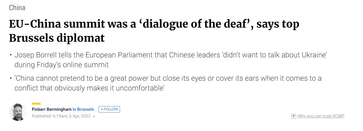 A dialogue of the deaf? What a rude metaphor, and whose fault is it? Dialogue is mutual. If EU leaders don't want to listen to Chinese leaders, how can they expect China to be interested in EU issues?