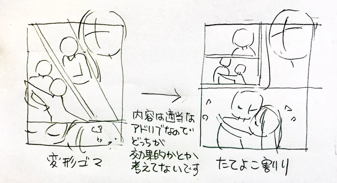 ただの思い出話なんだけど、りぼん(集英社)で育ったわたしは変形ゴマ大好きだった。
デビューしたちゃおでは「小学館は縦横割り!」って言われてバチボコに直された。なので今も基本のコマ割りは縦横割り…
こういうのって現在の新人さんでもあるのかな? 