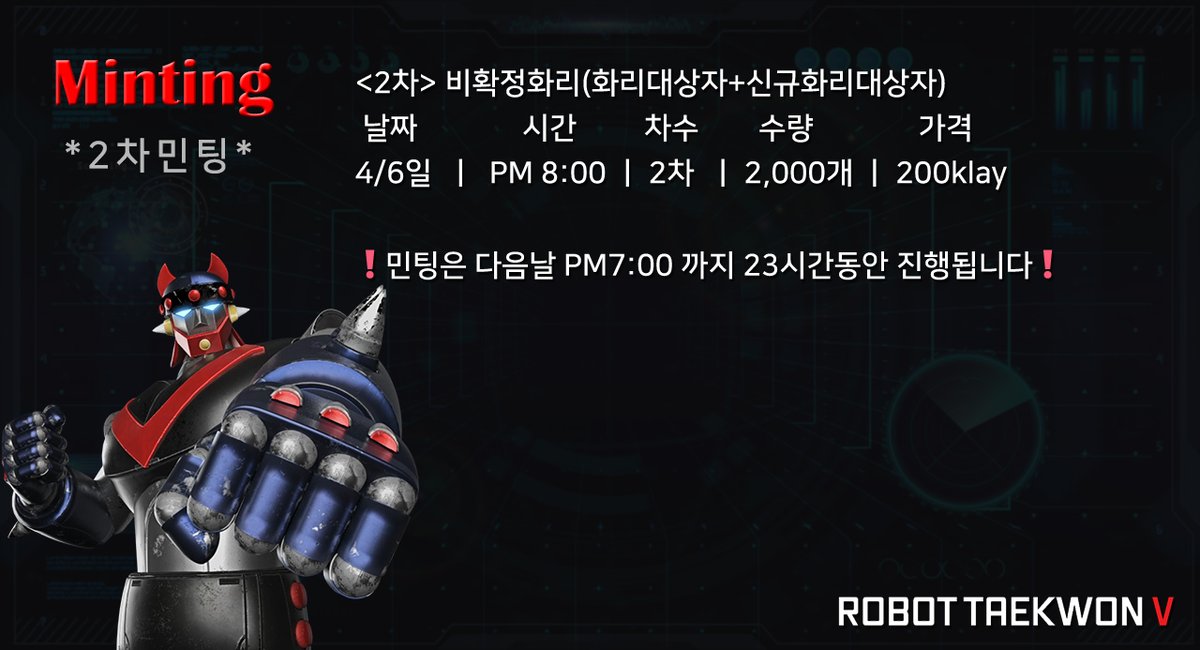 📢 태권 V 확정화리 민팅공지🎉🎊

✨경품: 메타콩즈1, 차원의문2, 라바7, 세븐7,
       한정판 피규어 20개 등

✨4월5일 20:00 ~ 4월 6일 19:00

✨다양한 경품 이벤트 &amp;  가득한 홀더 혜택

🚀RT+LIKE+3Tag = 💖 아시죠?

👇 민팅URL 고고고!!!
taekwonv.io/mint-v