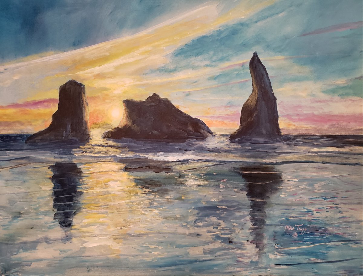 Finished: Sunset Bandon 30x40 acrylic on canvas based on photography by Werner Lobert, artist Mike Trapp  fb.watch/ccKUqMk_Uo/ #miketrappart #art #livestreaming #oregoncoast #bandonoregon