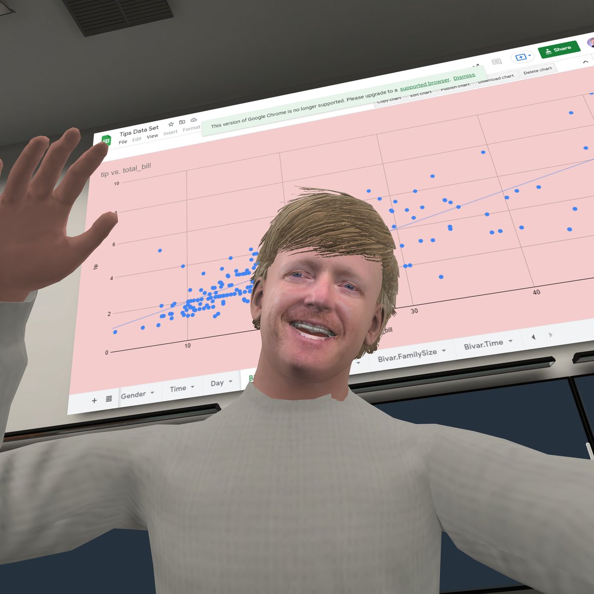 JamesEmleyITF's tweet photo. Two things I'm learning about the #EngageVR platform and the Metaverse. 1) My virtual chalkboard writing is horrible, and 2) I'm looking a bit creepy like Tom Hanks in the Polar Express film. So much potential though! C ya in the Meta @ LEETS! @ITI_LAUSD @LASchools https://t.co/xqE2aIzIUi