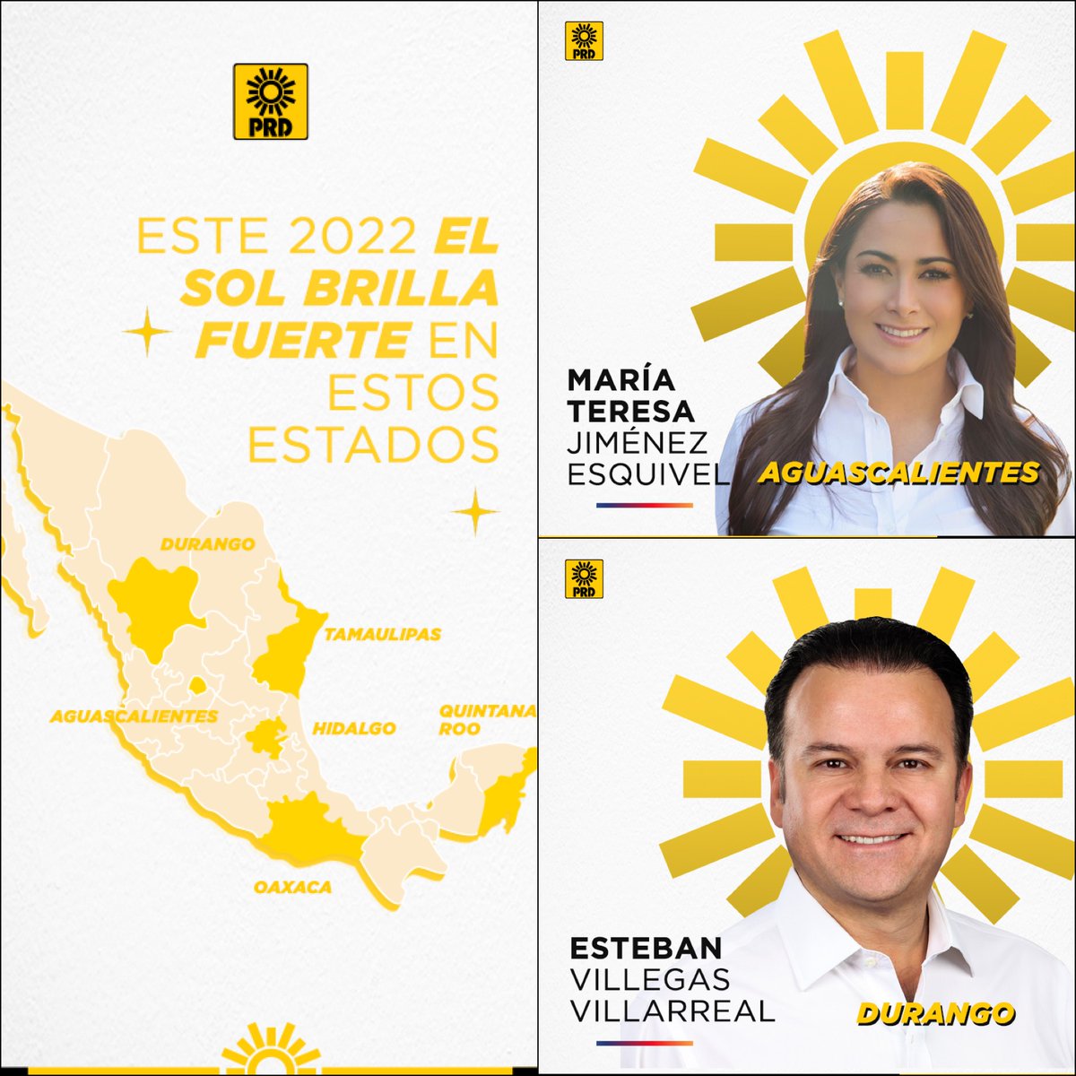 PRDMexico's tweet photo. Este 2022 hagamos que el Sol vuelva a brillar en Aguascalientes, Durango, Hidalgo, Oaxaca, Quintana Roo y Tamaulipas. Conoce a nuestros candidatos y candidatas ✌🏼☀️ https://t.co/6NE1vWB72i