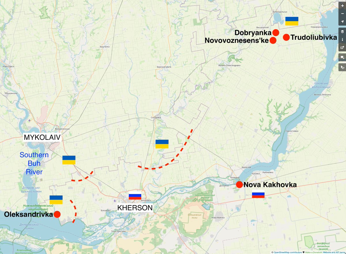 mhmck's tweet photo. Always cautious, the Ukrainian military says this: "As a result of offensive actions of the Armed Forces of Ukraine, the enemy lost control over the settlements of Dobryanka, Novovoznesenske and Trudolyubivka. Fighting continues in the area of ​​the settlement of Alexandrovka." https://t.co/LQATjBht28
