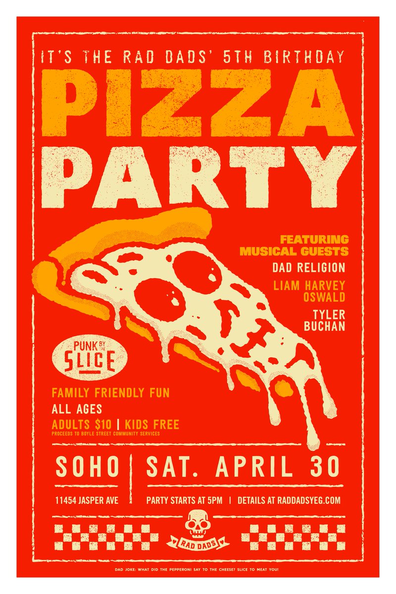 raddadsshow's tweet photo. We’re back!  Join @RadDads_YEG for some punk rock and pizza to celebrate our 5th birthday 🥳🍕🤘💀 

Family-friendly fun at @sohoyeg on April 30, with proceeds to @BoyleStreet who support some of #YEG ‘s most vulnerable individuals, families, and children ♥️ 

#punkisdad https://t.co/mZvm6SHb34