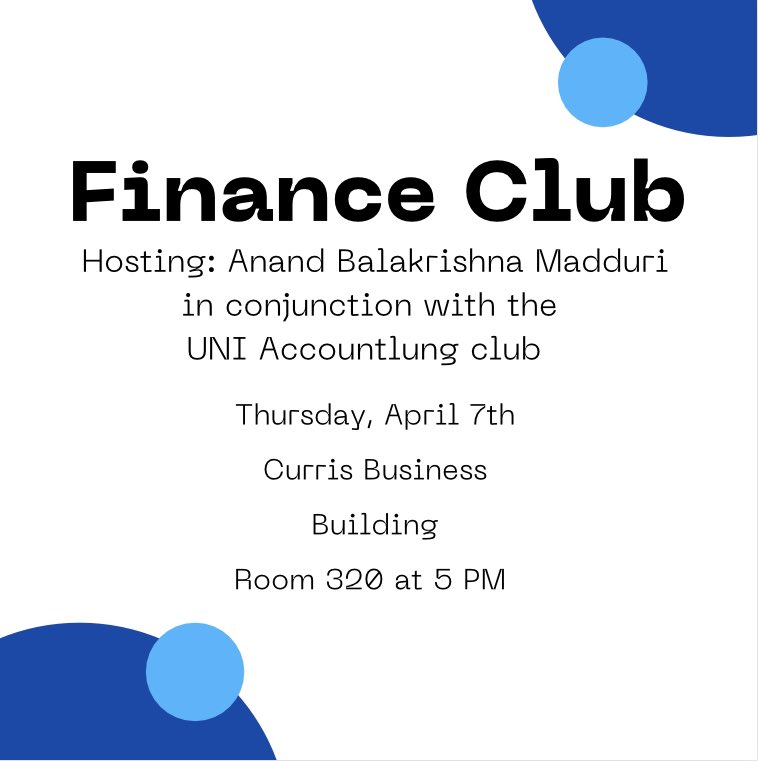 Apologies for the Late Notice! 

This week our meeting will take place on Thursday the 7th, The speaker is Anand Balakrishna Madduri, a UNI Alumni who now owns his own hedge fund and is acting Chief Investment Officer.
 
We would love to see everyone there!