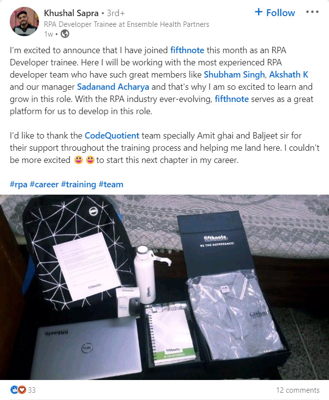CodeQuotient's tweet image. Congratulations, Kushal Sapra! We at CodeQuotient are super proud of you for landing your dream job with fifthnote
Good luck with your new adventures
Check out what Kushal had to say here: 
linkedin.com/posts/khushal-…
#CodeQuotient #SuperCoder #SuperCoderProgram #Coding #jobready