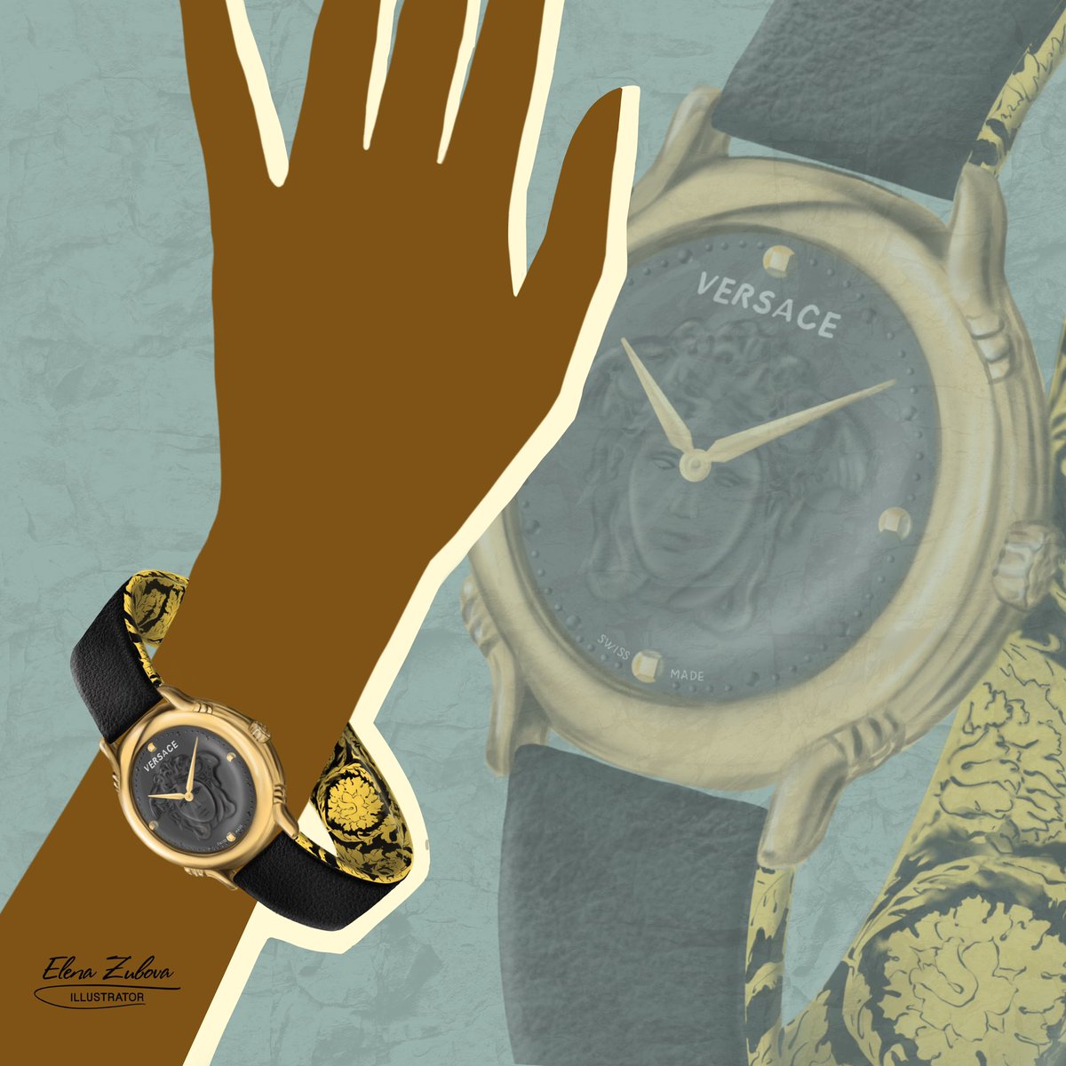 elen_ilustrator's tweet photo. I couldn't resist drawing a gold watch in a mixed technique. 
I reviewed a thousand options until I came across this watch from @versace. And I realized that I wanted to draw them. 😍
That's the kind of work that turned out. What do you think this illustration can be used for? 🤔 https://t.co/vWCP68cR7U