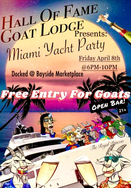 PandaXSauce's tweet photo. Hall Fame of @goatlodge is the biggest hidden gem in the NFT space. Goats party all over the country and we're just getting started! #HOFGL 
Vegas @moonfest:✅
NFT LA:✅
BTC Miami: Yacht Party - 4/8
NFT NYC: TBA
No telling where the goats will be next👀
Probably nothing though... https://t.co/sCeoz4ET4B