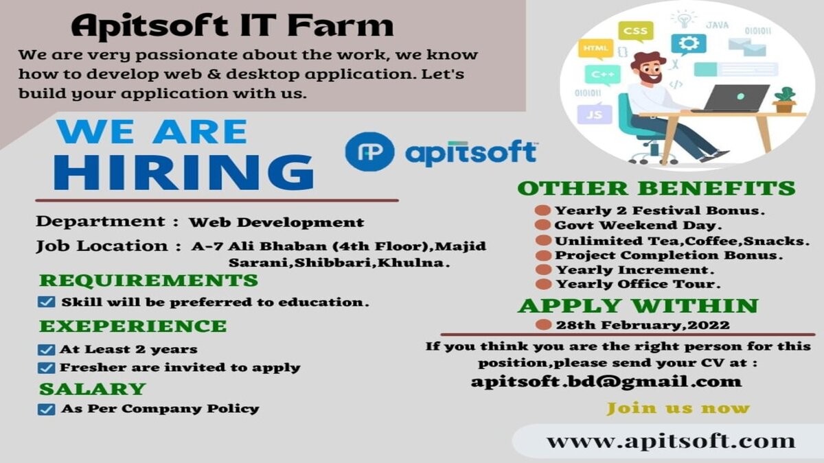 apit_soft's tweet photo. Apitsoft will hire a number of web developers.
Vacancy : 10
Job Context:-
Play a key role in the design and development of Web-Based Applications for Global Clients.
More Info:
 https://t.co/EzATEUbty0
+8801610-037670
 apitsoft.bd@gmail.com
#Website #webdeveloper #webdevelopment https://t.co/SOwjosq1SH