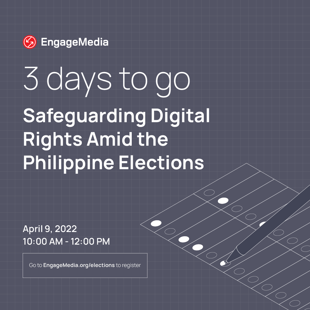 EngageMedia's tweet photo. Three days to go before @EngageMedia's "Safeguarding Digital Rights Amid the Philippine Elections" online event!

On April 9, @NicoleCurato &amp; @jonathan_c_ong will share their insights on online disinformation, trolls, influencers, and other digital threats to democracy. https://t.co/HNywYddO5l