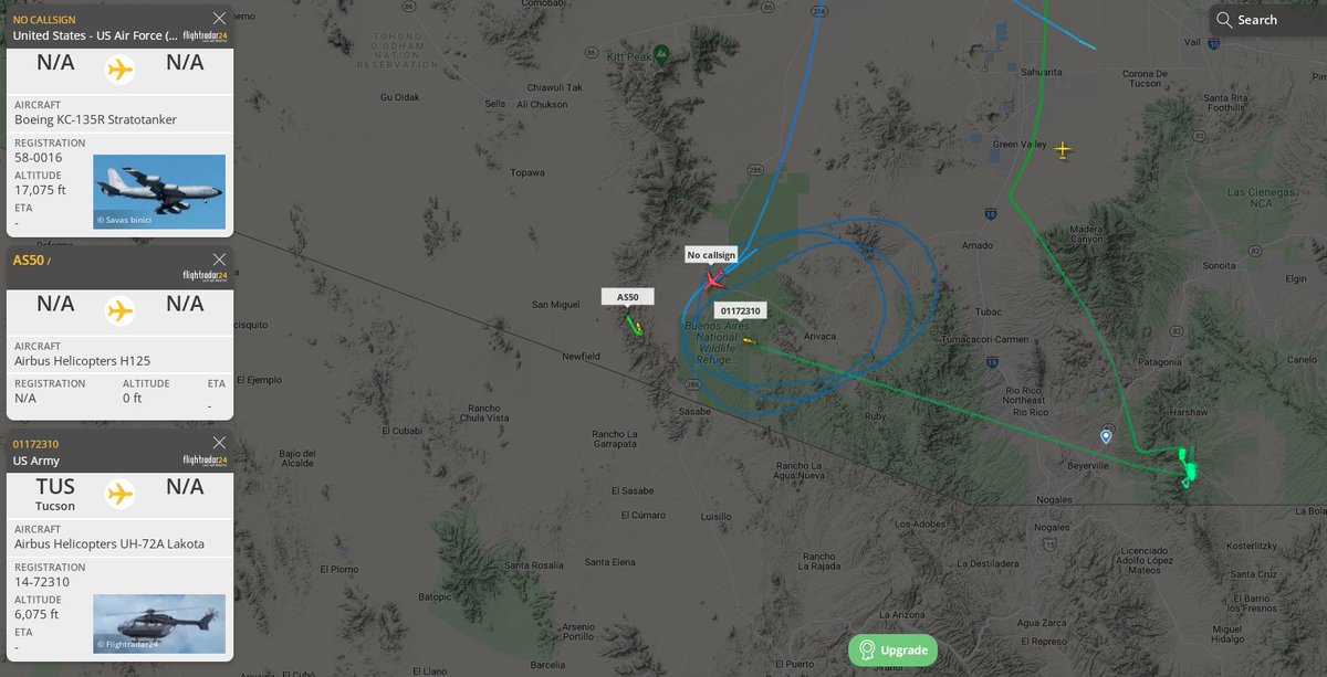 DanMarriesKOLD's tweet photo. The sky was buzzin' near the U.S./#Mexico border. Looks to be an Air and Marine Operations (Customs and Border Protection) helicopter, an #Army Lakota, and a U.S. Air Force KC-135R #Stratotanker used for aerial refueling. #Tucson #Arizona #aviation https://t.co/3zxniaCPCR
