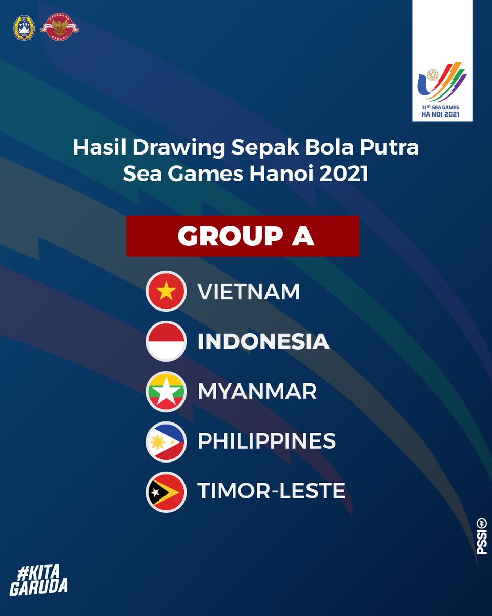 PSSI's tweet photo. Berikut hasil drawing SEA Games 2021 kategori Sepak Bola Putra yang menempatkan Indonesia bergabung di Group A bersama Vietnam, Myanmar, Filipina, dan Timor Leste.

Semangat berjuang mengharumkan tanah air, Garuda! ✊🇮🇩

#KitaGaruda #MeraihImpian #SEAGames https://t.co/wEUtKQRyUf