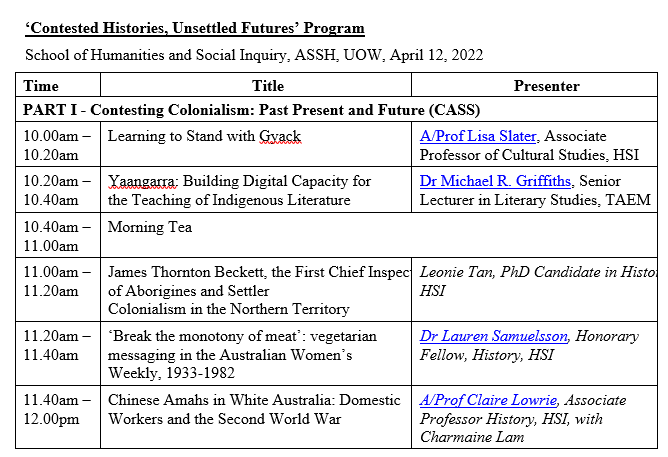 Check out our CASS researchers <a href="/clemloz/">Dr Lauren Samuelsson | @clemloz.bsky.social</a>, <a href="/ClaireLowrie1/">Claire Lowrie</a>, @mrgrff78, Leonie Tan &amp; Lisa Slater at a showcase on 12 April, from 10 am (AEST) Register here: eventbrite.com/e/contested-hi…
For the full programme uowblogs.com/cass/2022/03/2…