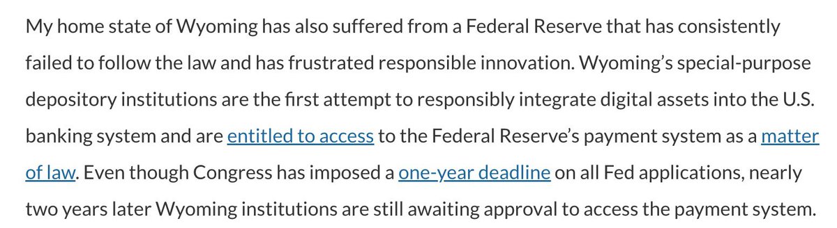 CaitlinLong_'s tweet photo. WOW, HOW DID I MISS THIS? @SenLummis last Friday accused the Fed of “consistently fail[ing] to follow the law” in @AmerBanker op-ed. Her assessment regarding the law &amp; the Fed’s treatment of #Wyoming #SPDI banks applying for Fed master accounts is correct.
https://t.co/EHO16Ow6LD https://t.co/HXPHsrPGxG