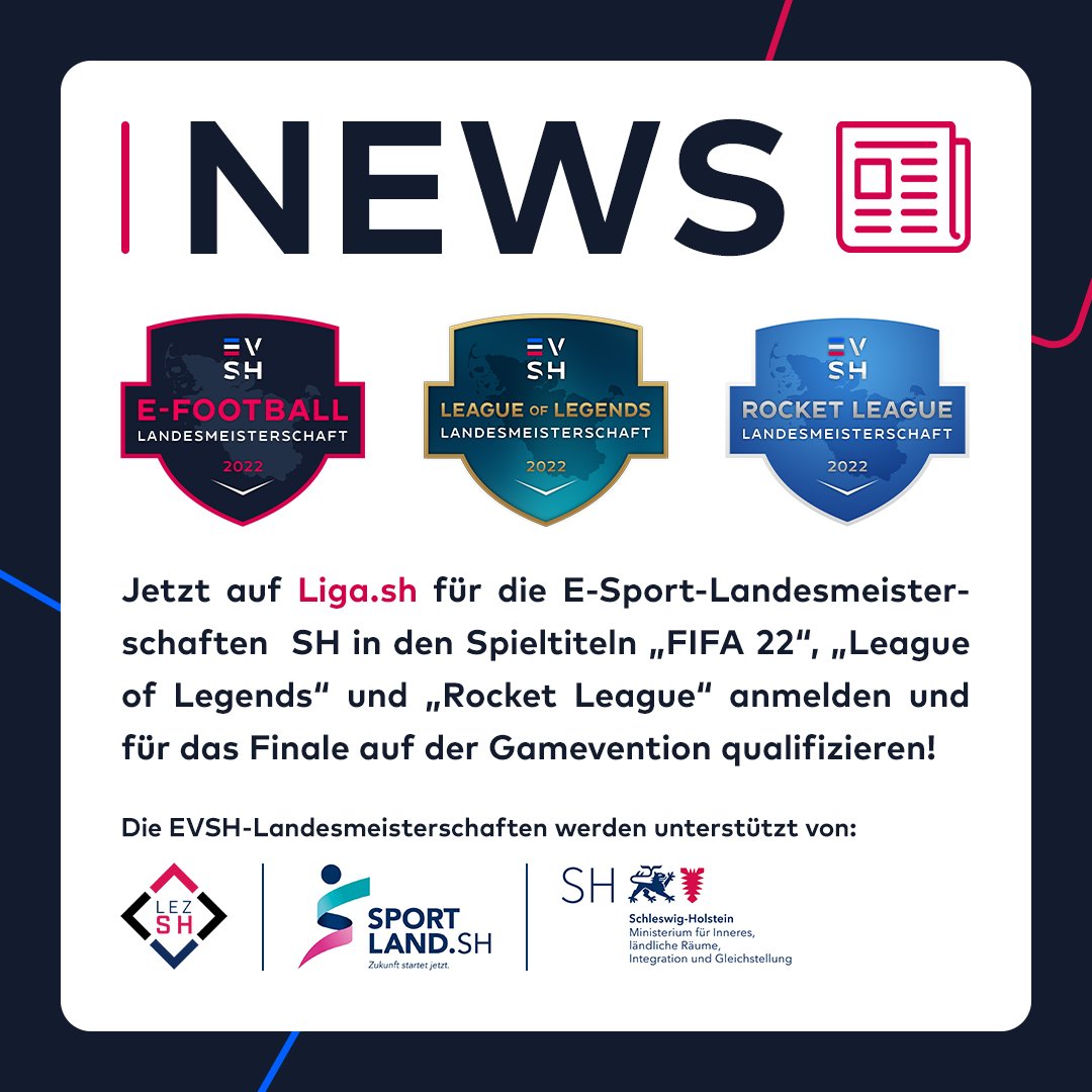 esportverbandsh's tweet photo. Erste offizielle #ESport-Landesmeisterschaften 🥇🥈🥉

Wir küren zum 1. Mal die besten Spielenden aus SH in „FIFA 22“, „League of Legends“ &amp; „Rocket League“.

Melde dich jetzt zu den Qualifikationen an: https://t.co/ASMfgSqVjF

Weitere Infos gibt's unter https://t.co/5AeKJCxX23 https://t.co/LnohH3GCRC