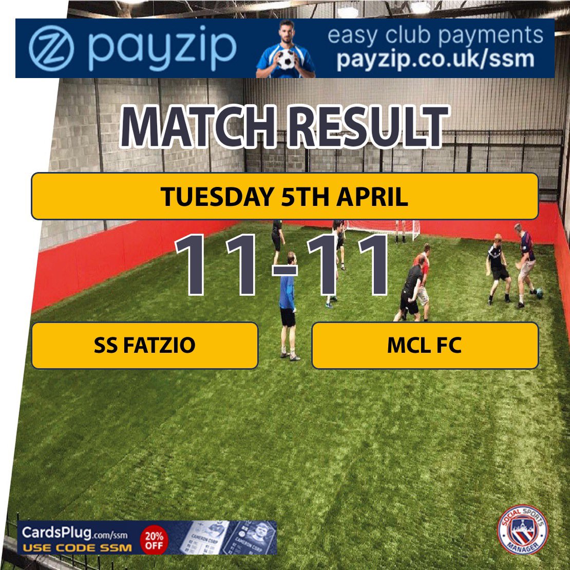 SSFatzio's tweet photo. Che gioco per presentarsi a un nuovo campionato di calcio. 11-11 non lo vedi tutti i giorni... Primi 5 un gioco laterale e che fatica. #leisureleague #socialsportsmanager #fatziofamily #wegoagain https://t.co/po6HDEjkIa