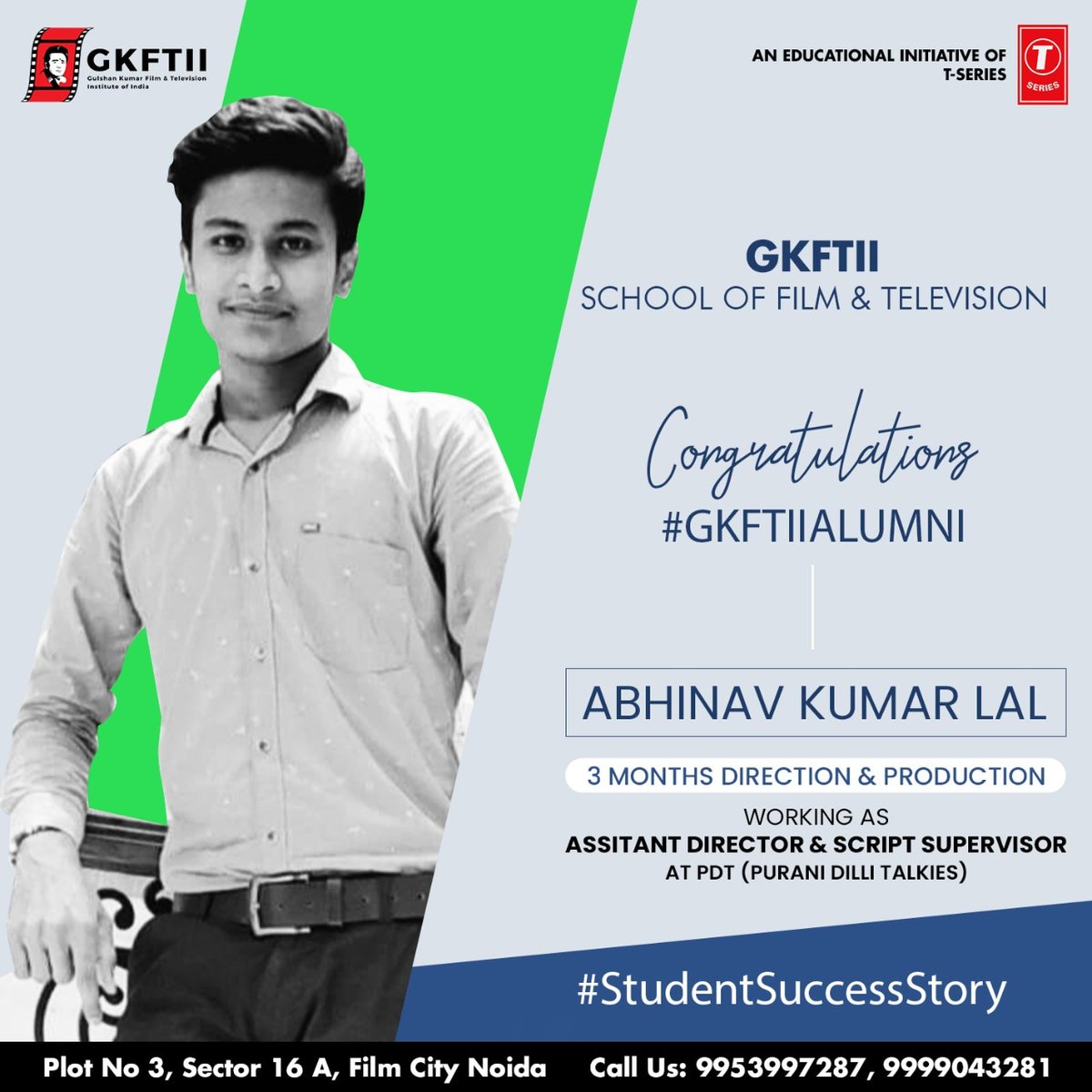 gkftii's tweet photo. #GKFTII #directionproduction   -We congratulate our #directionproduction student @abhinavlall21 for his recent #Placement in Company - PDT (Purani Dilli Talkies) 
As an Assistant Director &amp; Script Supervisor

We wish abhinav all the very best in his future endeavors. https://t.co/wHVZxsaxU5