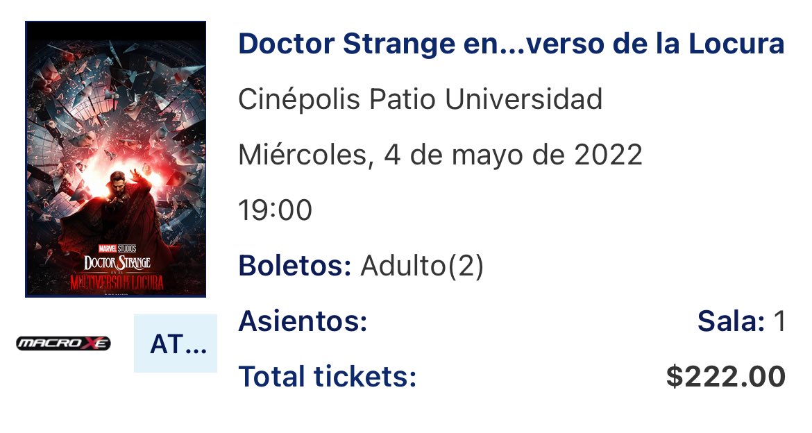JuanM_404's tweet photo. Se logró la preventa!! #DoctorStrange 
#MultiversoDaLoucura  #MultiverseofMadness 
#cinepolis https://t.co/u8eqMPyYiX
