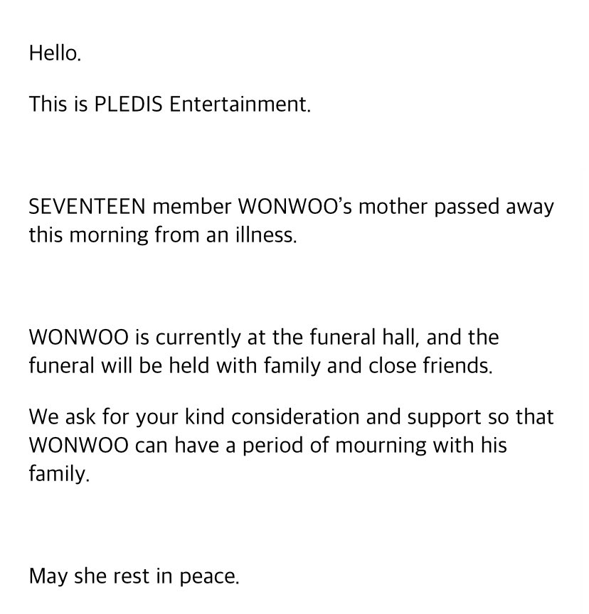 here_sonya's tweet photo. my deepest condolences to wonwoo and his family, may his mom rest in peace :)). take as long as you want to mourn wonwoo, we're always here for you 

We love you♥️

#WONWOO #세븐틴 #RestInPeace https://t.co/0Z1KLMLYEe
