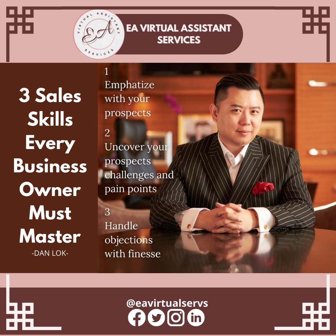 EAVirtualServs's tweet photo. The 3 Most Important Sales Skills by Dan Lok
1)  The ability to empathize with your customers.💖 
2)  Ability to uncover challenges and discover your prospects.📖 
3)  Ability to handle objections.😎 

#eaonlineservices
#businesssocialmedia
#businessplanning
#businessowner https://t.co/g48BgsLWgY