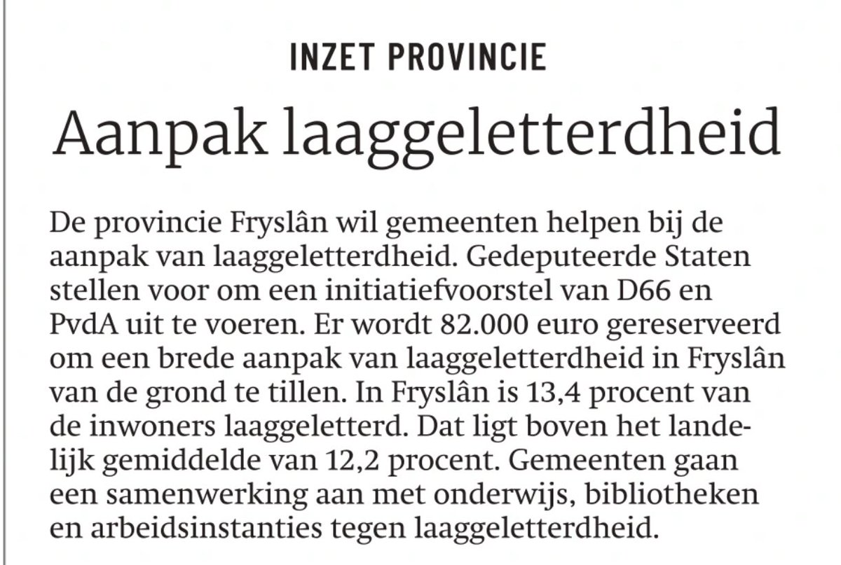 Jaap Stalenburg (@jaapstalenburg) on Twitter photo Samen met @BijlsmaBea van <a href="/D66Fryslan/">D66 FrysIân</a> en prima team fractie-adviseurs namens <a href="/pvdafryslan/">PvdA Fryslân</a> gewerkt aan concreet plan om laaggeletterdheid aan te pakken. GS stelt zich nu op achter ons plan en reserveert er zelfs geld voor. In mei behandeling in <a href="/PSFryslan/">Provinsjale Steaten fan Fryslân</a>. Bron: <a href="/frieschdagblad/">Friesch Dagblad</a> Samen met @BijlsmaBea van <a href="/D66Fryslan/">D66 FrysIân</a> en prima team fractie-adviseurs namens <a href="/pvdafryslan/">PvdA Fryslân</a> gewerkt aan concreet plan om laaggeletterdheid aan te pakken. GS stelt zich nu op achter ons plan en reserveert er zelfs geld voor. In mei behandeling in <a href="/PSFryslan/">Provinsjale Steaten fan Fryslân</a>. Bron: <a href="/frieschdagblad/">Friesch Dagblad</a>