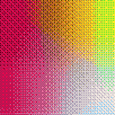 New (at least for me) dithering algorithm on the left.
--Draw lines between each color pair. A->B
--Find distance A->B to P
--Find min pair and get mix by projecting A->P on A->B

8x8 Bayer dither on the right