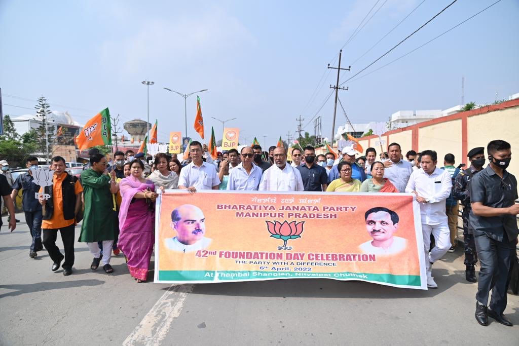 NBirenSingh's tweet photo. Celebrating the 42 glorious years of BJP, the party’s state unit held a procession from the Thambal Shanglen. Honoured to have joined Smt @AShardaDevi Ji, Pres @BJP4Manipur &amp; thousands of Karyakartas at the procession.#SthapanaDivas 

@narendramodi @AmitShah @JPNadda @blsanthosh https://t.co/MoUFyHqPgb