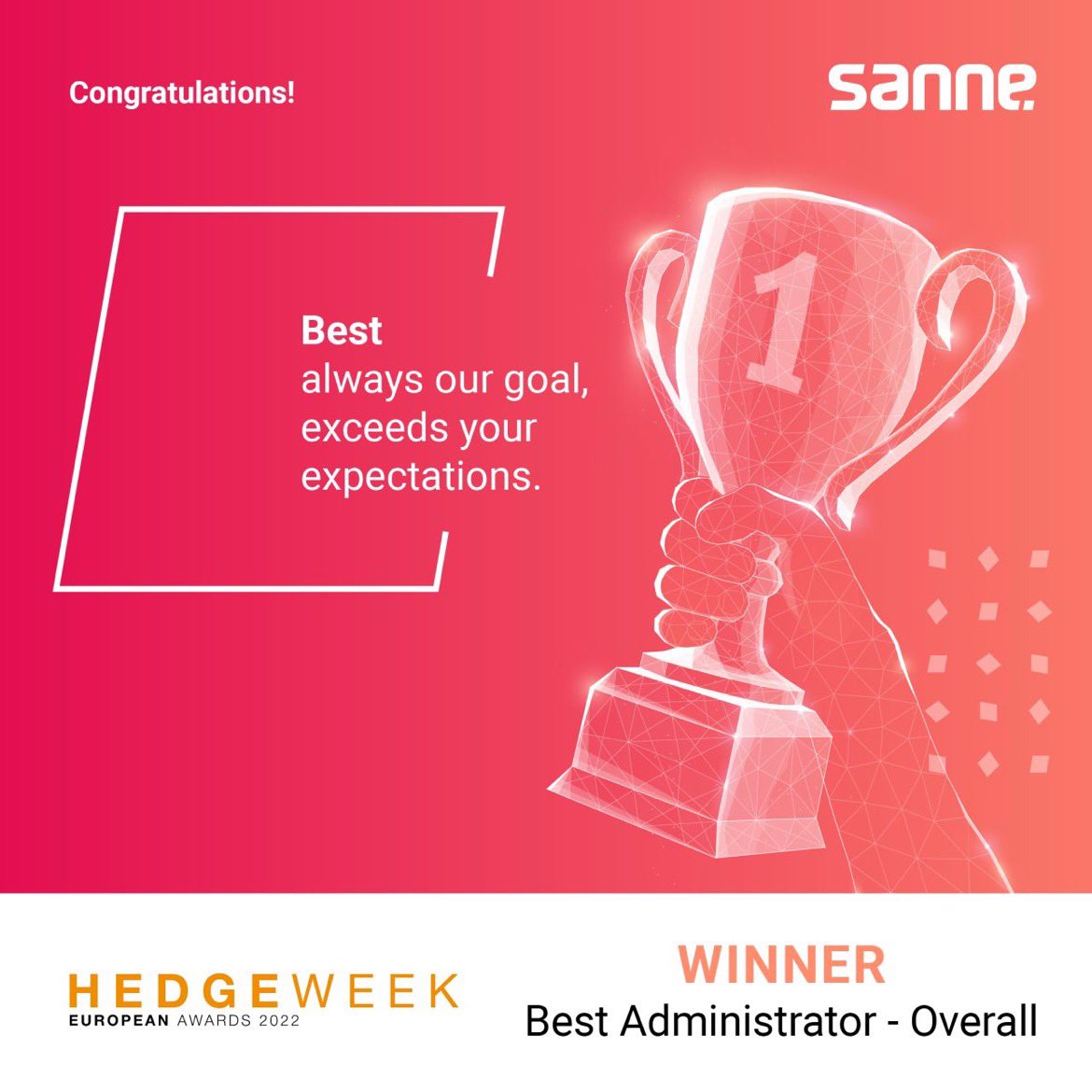 SanneGroup's tweet photo. 🏆 Hedge award winners! 🏆 We are very proud to announce that Sanne was named ‘Best Administrator – Overall’ in the service provider category in the annual Hedgeweek European Awards. To read more about this prestigious award, click here >> https://t.co/ees0DXFWsS
#sannelife https://t.co/DVhV132nMV
