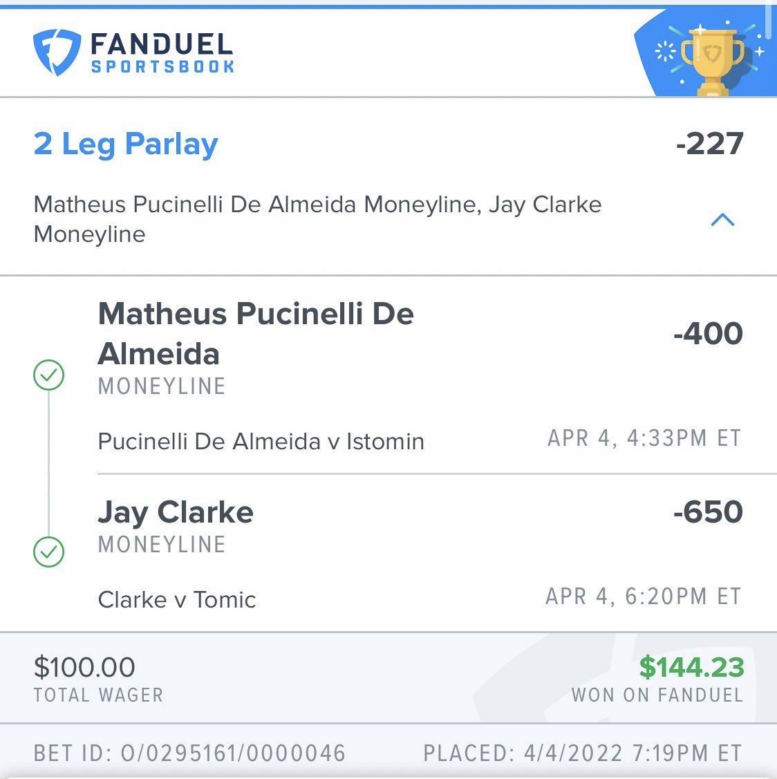 annonparlays's tweet photo. So many ✅✅✅ today we didn’t notice this Tennis cash out from the night before 😮‍💨🔥🔥🔥🔥 

AP watches all sports ladies and gentlemen 😈 Don’t forget to Follow, Like and RT were appreciative of our supporters!!! #gamblingtwitter #Tennispicks #FanDuel #sportsbetting #FreePicks https://t.co/JpuFpXcPIf
