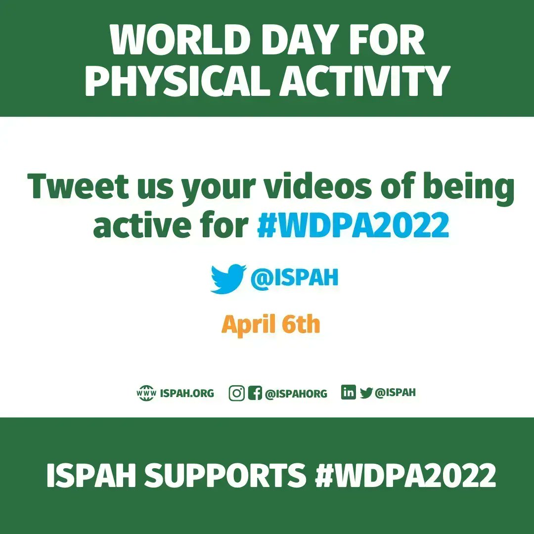 🥳April 6th is World Day for Physical Activity #WDPA2022!

Share photos or videos of what you are doing celebrate, #BeActive,  and challenge others to do the same - WHAT WILL YOU DO FOR #WDPA2022? 🏃‍♀️🧗‍♂️🚴‍♂️🤾🏊