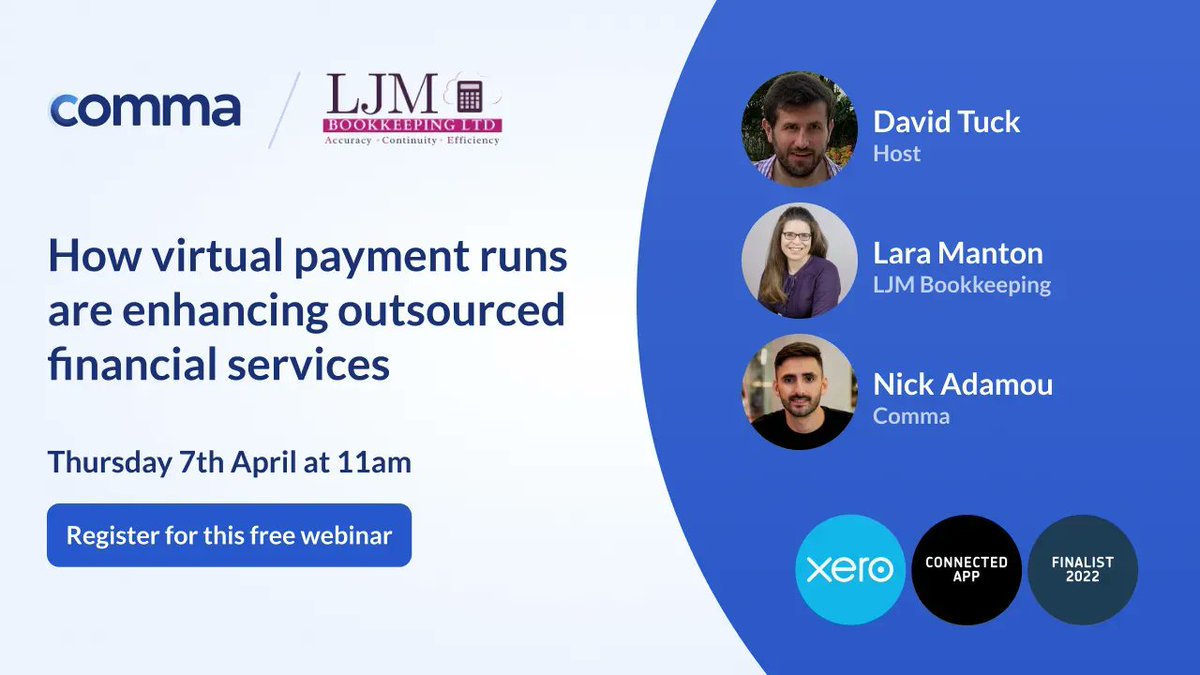 xumagazine's tweet photo. Find out how #virtualpayment runs are enhancing outsourced financial services in our upcoming talk with 2 #Xero Award finalists from @LaraManton1's LJM Bookkeeping &amp; Comma!

📆 TOMORROW @ 11AM BST

Register now 👉 https://t.co/HWjE9rwS8v https://t.co/aKbO8bK9gl