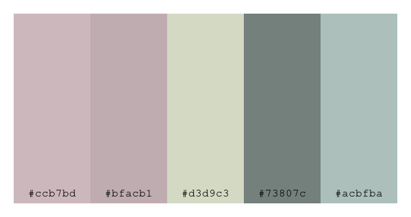 ColPaletteBot's tweet photo. Beep beep, here's a pretty color palette for you!
color-scheme.js parameters used:
- hue: 351
- variation: pale
- colors: #ccb7bd, #bfacb1, #d3d9c3, #73807c, #acbfba
Have a lovely day!
#twitterbot #colorpalette #colors #palette #prettycolors https://t.co/5ap9bVZugv