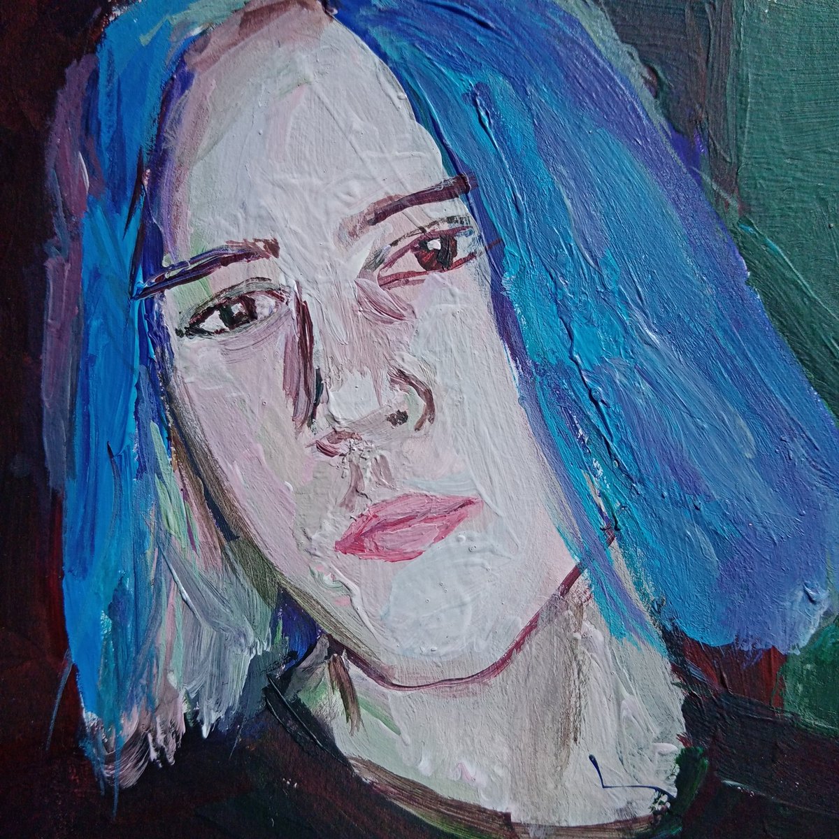 My first post in Twitter! Let's see how it goes, I'm gonna post here regularly
My self-portrait sketch I painted yesterday 💙
#acrylicpainting #portrait #art